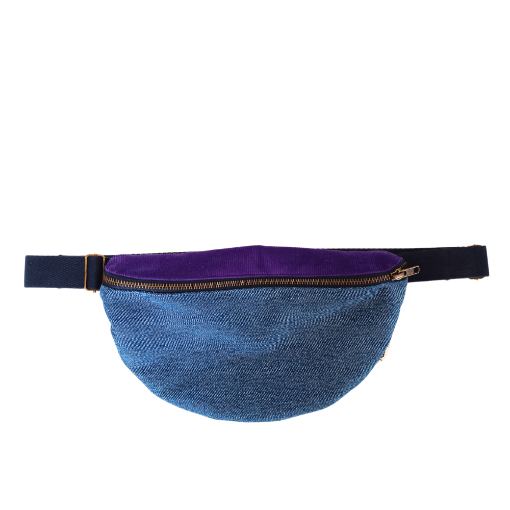 BAYA Sac banane upcyclé en jean et velours violet